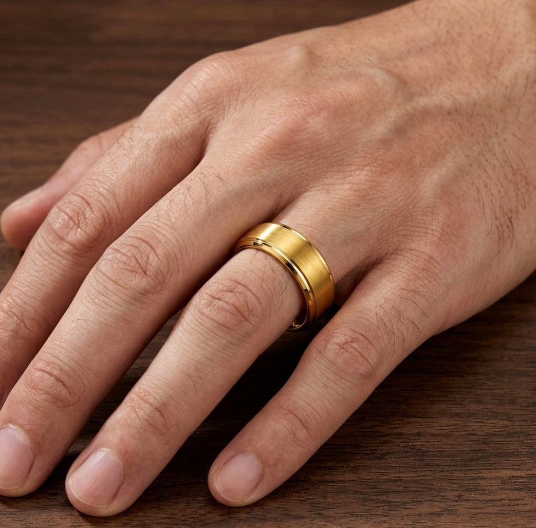 The Midas Apex: 8mm Gold-Plated Brushed Tungsten Band with Polished Step Edges