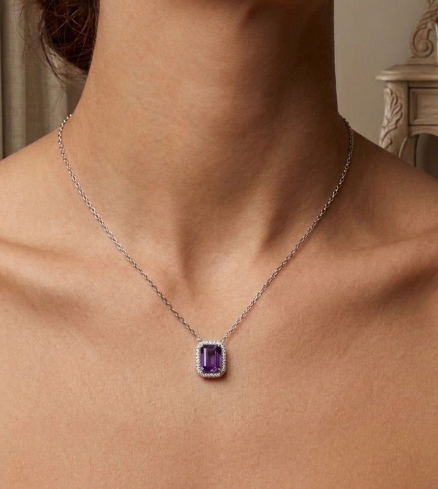 Sterling Silver Amethyst Halo Necklace