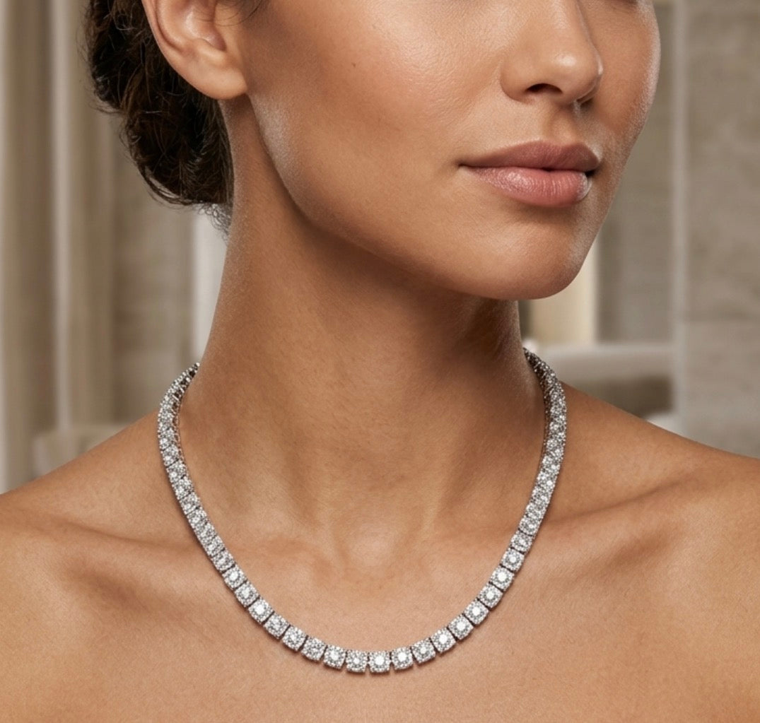 Sterling Silver Tennis Necklace with 4MM Round Cubic Zirconia Stones Measuring 18 Inches