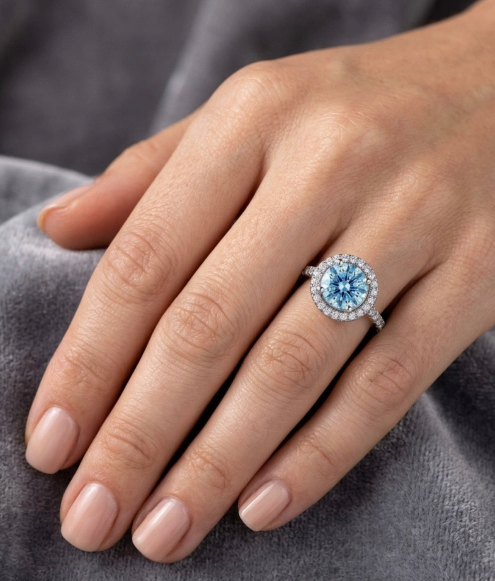 Sterling Silver Aquamarine Round-cut Halo Ring