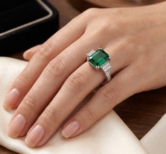 Sterling Silver Princesses-cut 3 Stone Emerald Ring