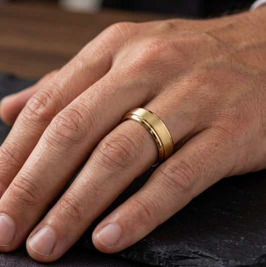 The Midas Sentinel: Gold-Plated Brushed Tungsten Band with Stepped Beveled Edges
