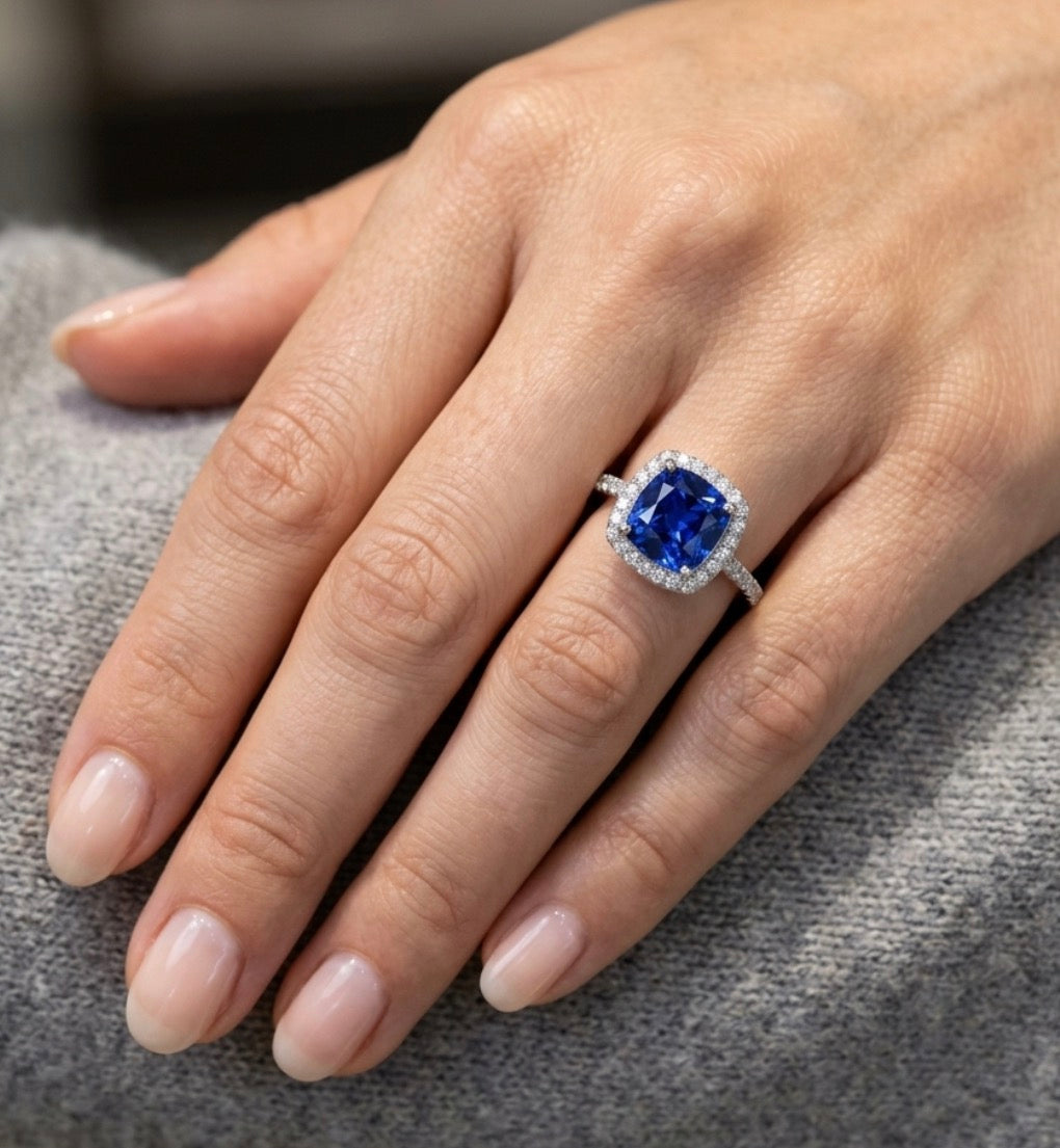 Sterling Silver Cushion-cut Sapphire Halo Ring
