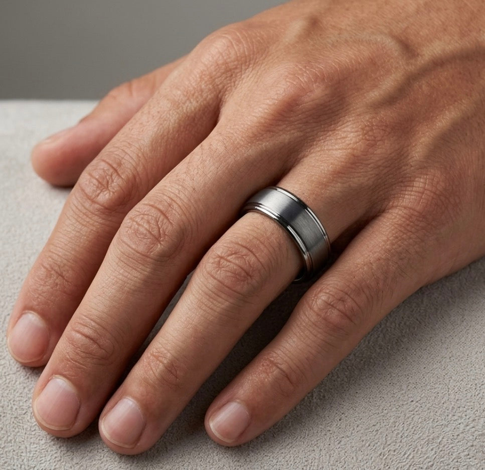 Silver Brushed 8MM Tungsten Band with Stepped Polished Edges