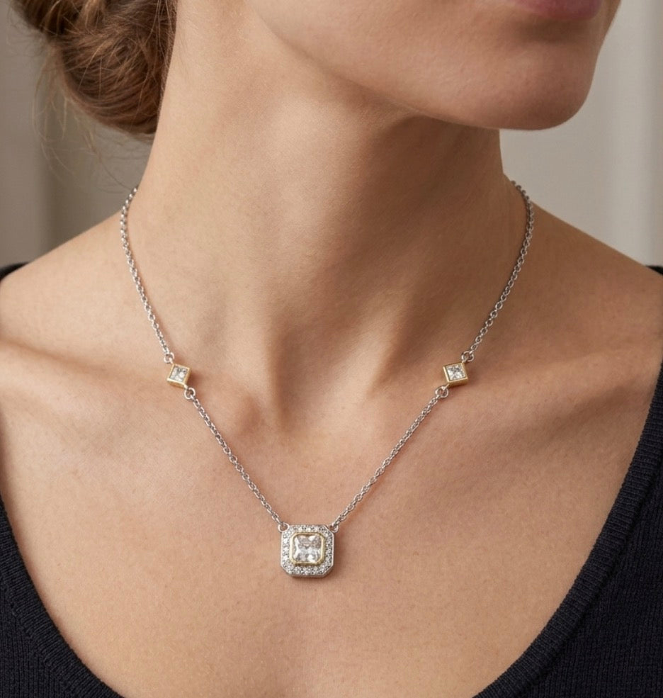 Sterling Silver Two-Tone Square Station Necklace