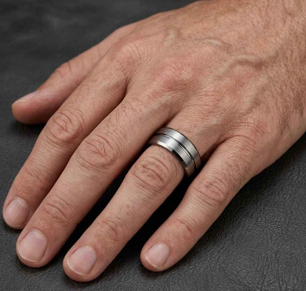 The Sentinel: Silver Brushed Tungsten Band with Center Groove & Beveled Edges