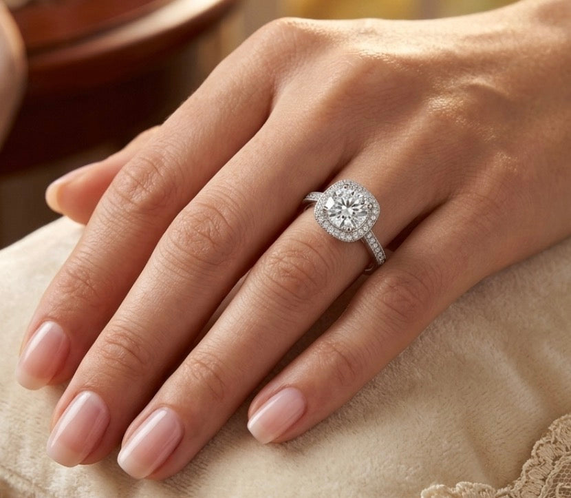 Sterling Silver 4 Prong Brilliant Cut Halo Ring