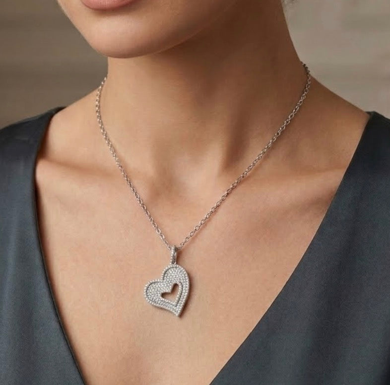 Sterling Silver Open Heart Pave setting Cubic Zirconia Necklace