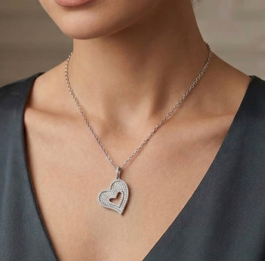 Sterling Silver Open Heart Pave  Necklace