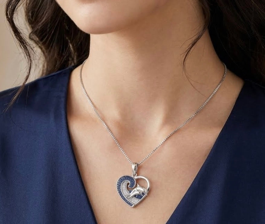 Sterling Silver Cubic Zirconia Heart Dolphin inspired Necklace