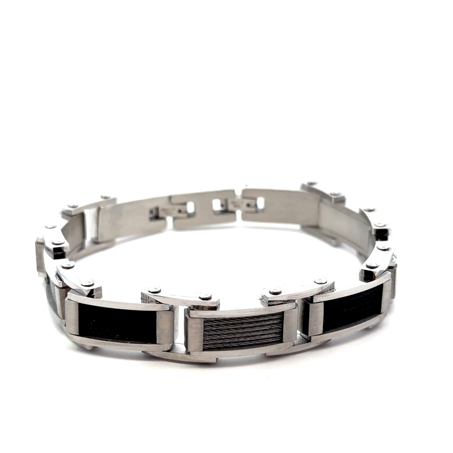 Stainless Steel Fancy Bracelet with Black Cable