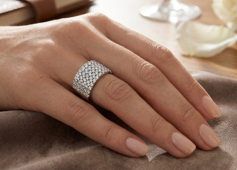 Sterling Silver Brilliant-cut Stones Wide Ladies Band