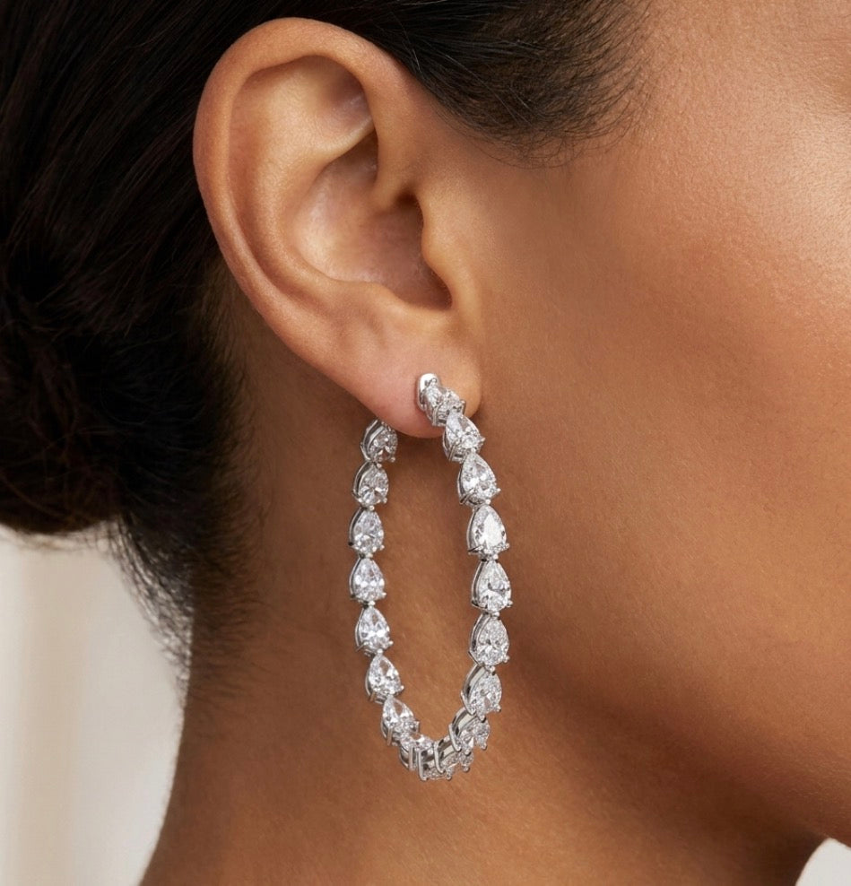 Inside-Out Oval Shape Teardrop-cut Stone Hoop Earrings