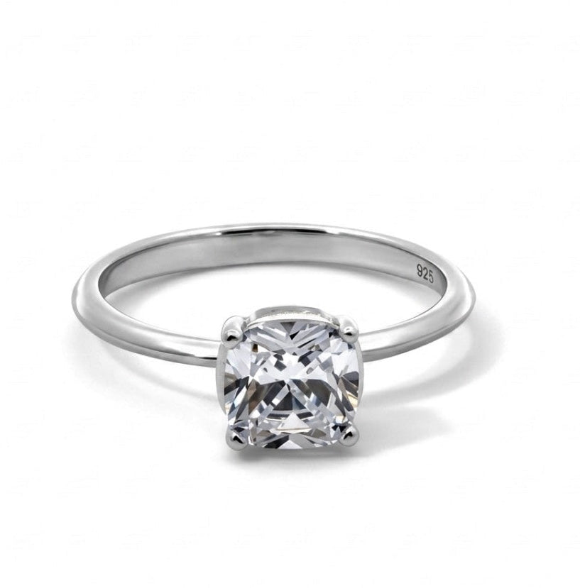 Sterling Silver 4-Prongs Solitaire Engagement Cushion-Cut Ring