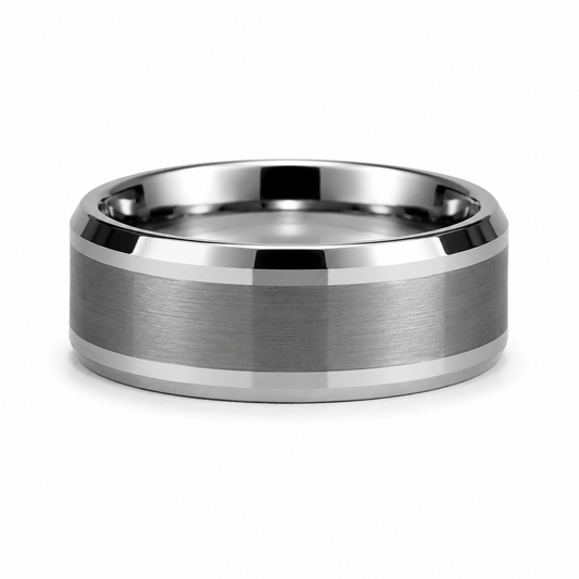 The Apex Stepped: 8mm Silver Brushed Tungsten Band with Polished Step-Beveled Edges