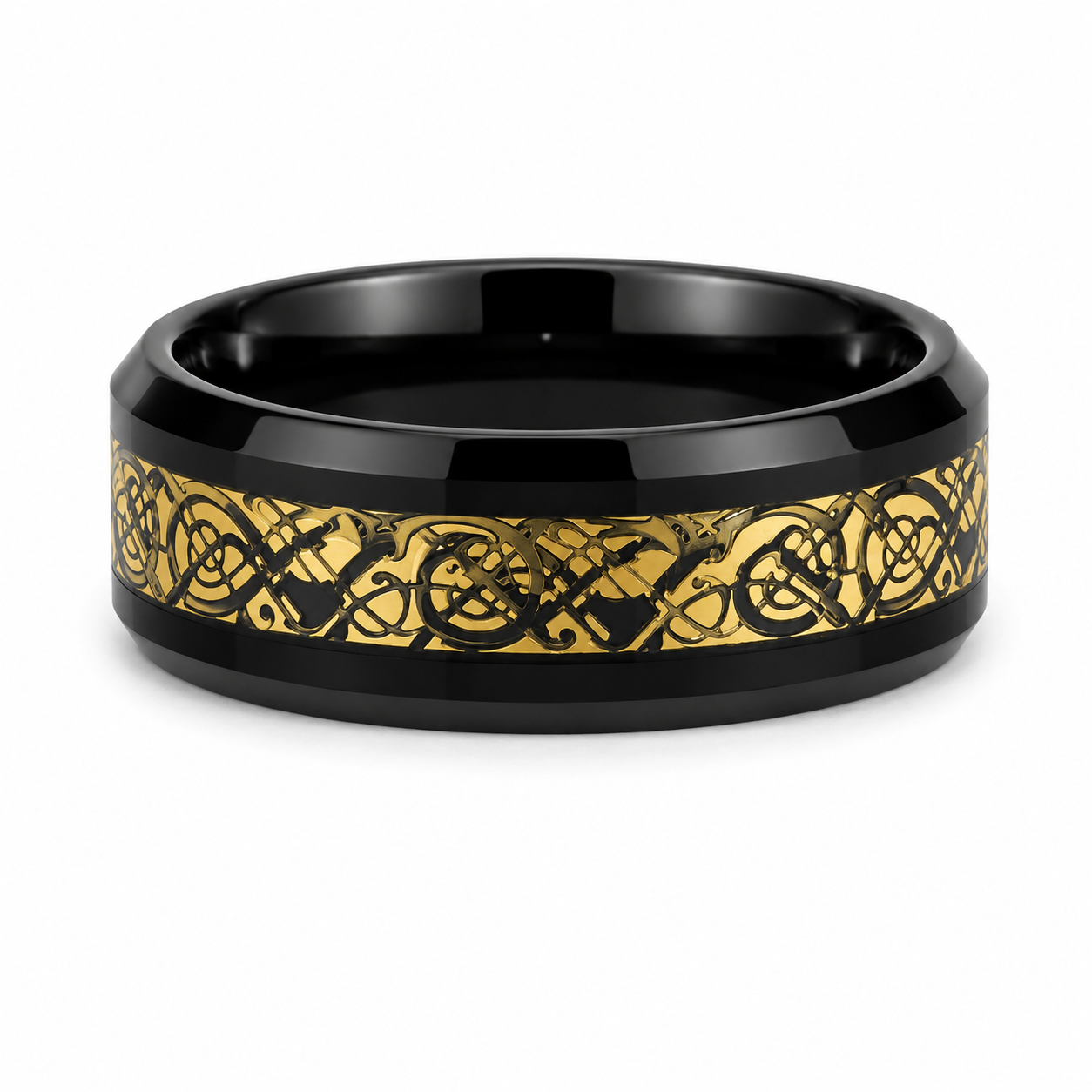 The Valkyrie: 8mm Black Tungsten Band with Gold Celtic Dragon Inlay
