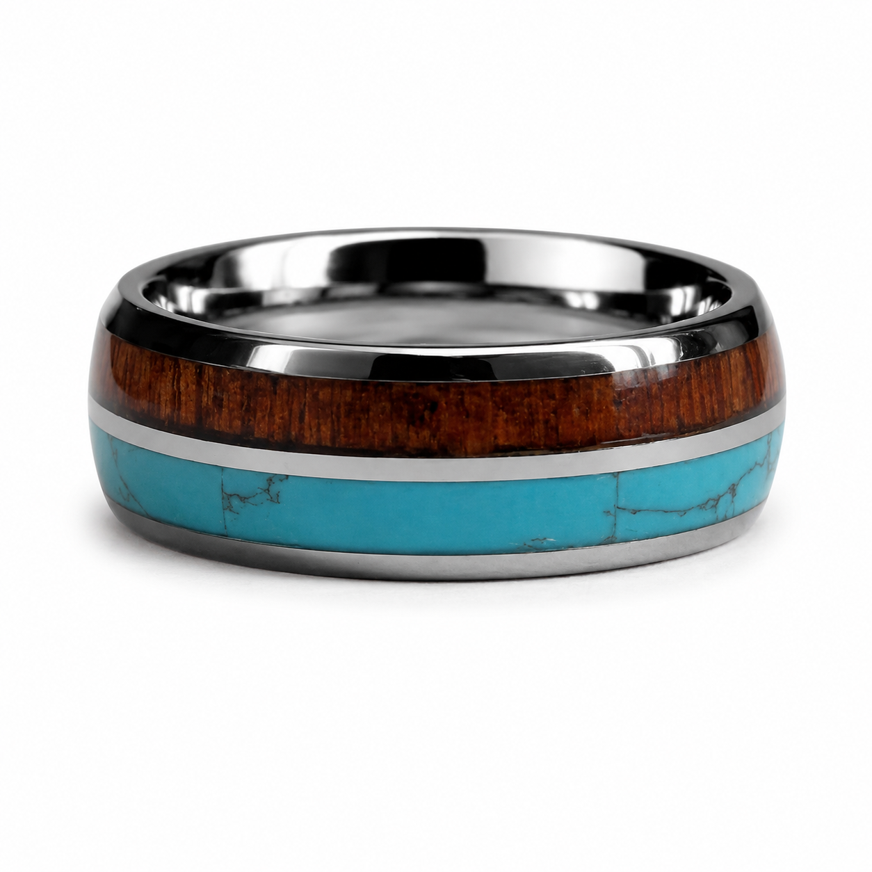 The Kahana: 8mm Silver Tungsten Band with Koa Wood & Turquoise Inlay