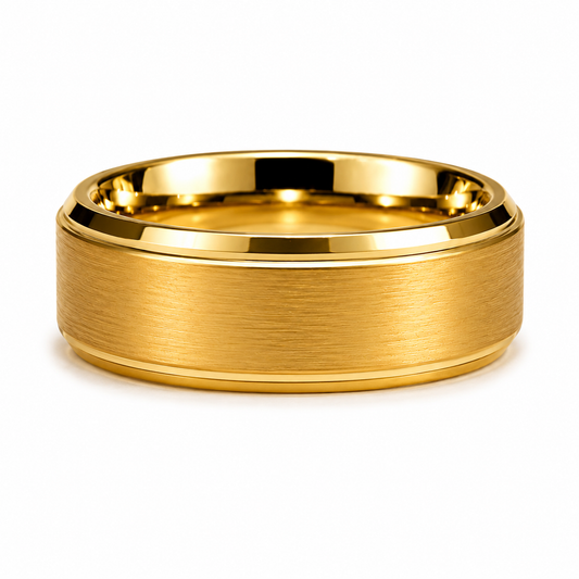 The Midas Apex: 8mm Gold-Plated Brushed Tungsten Band with Polished Step Edges