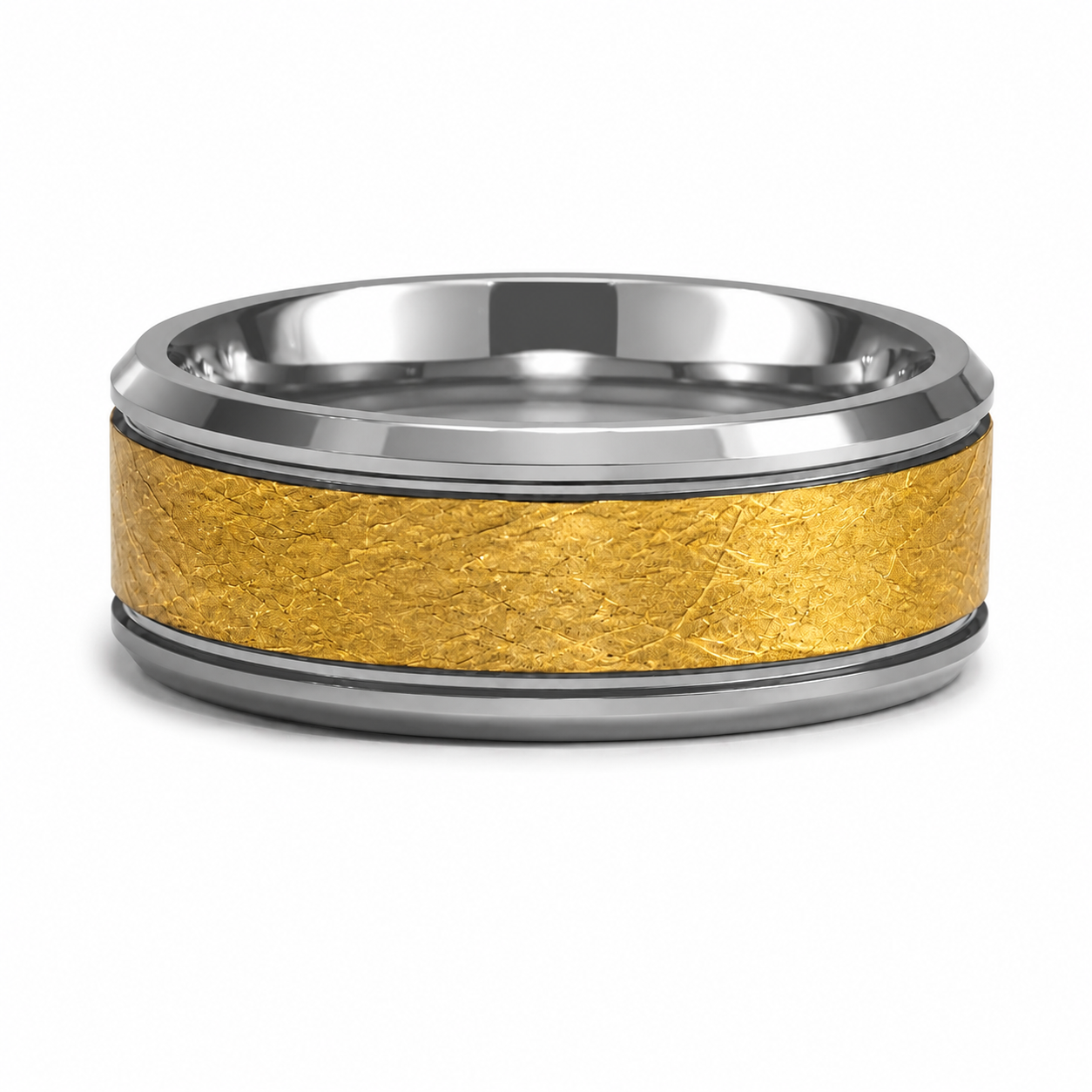 The Forge: 8mm Black Tungsten Band with Textured Gold Inlay