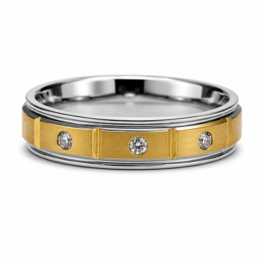 The Centurion: Two-Tone Stepped Tungsten Band with Bezel-Set Accents