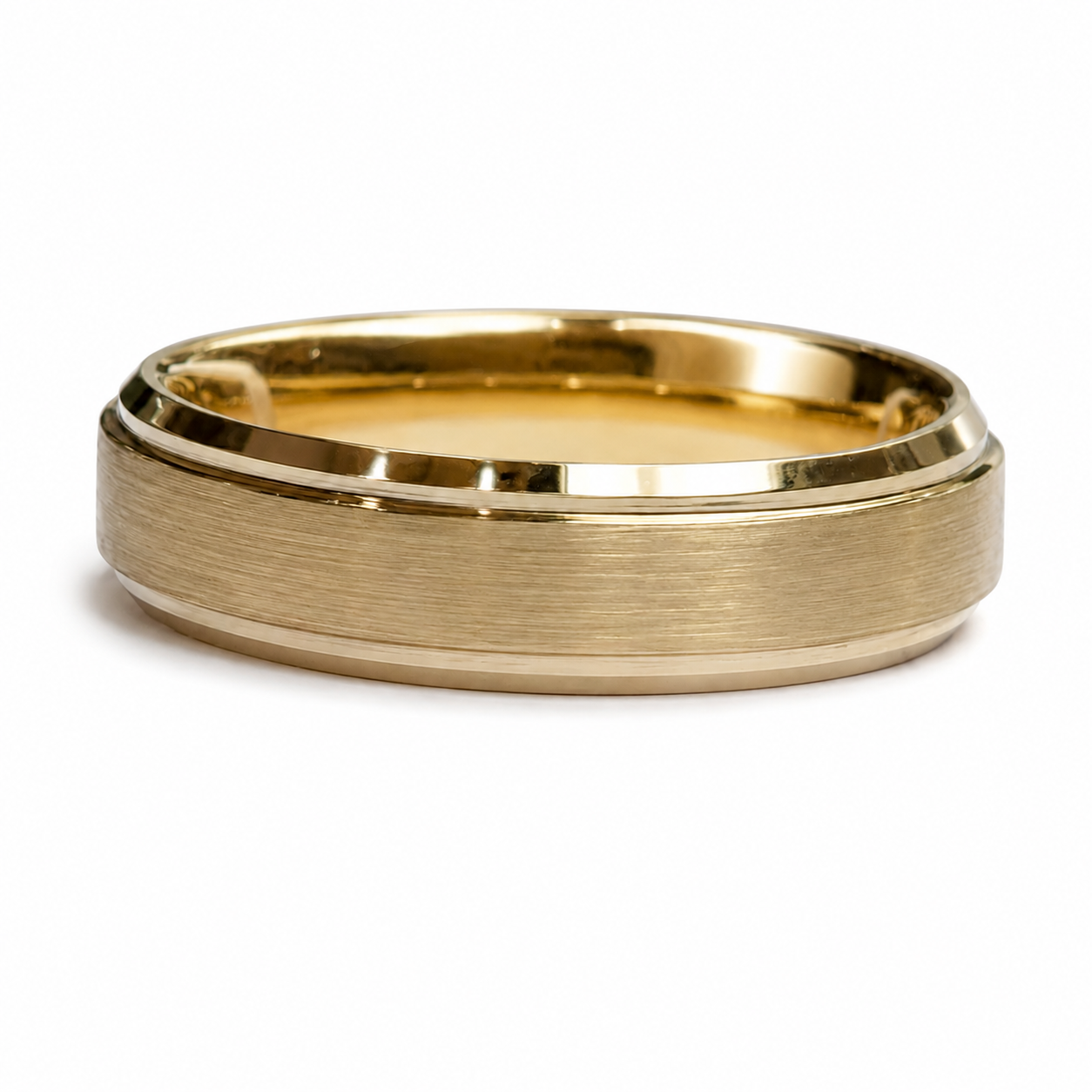 The Midas Sentinel: Gold-Plated Brushed Tungsten Band with Stepped Beveled Edges