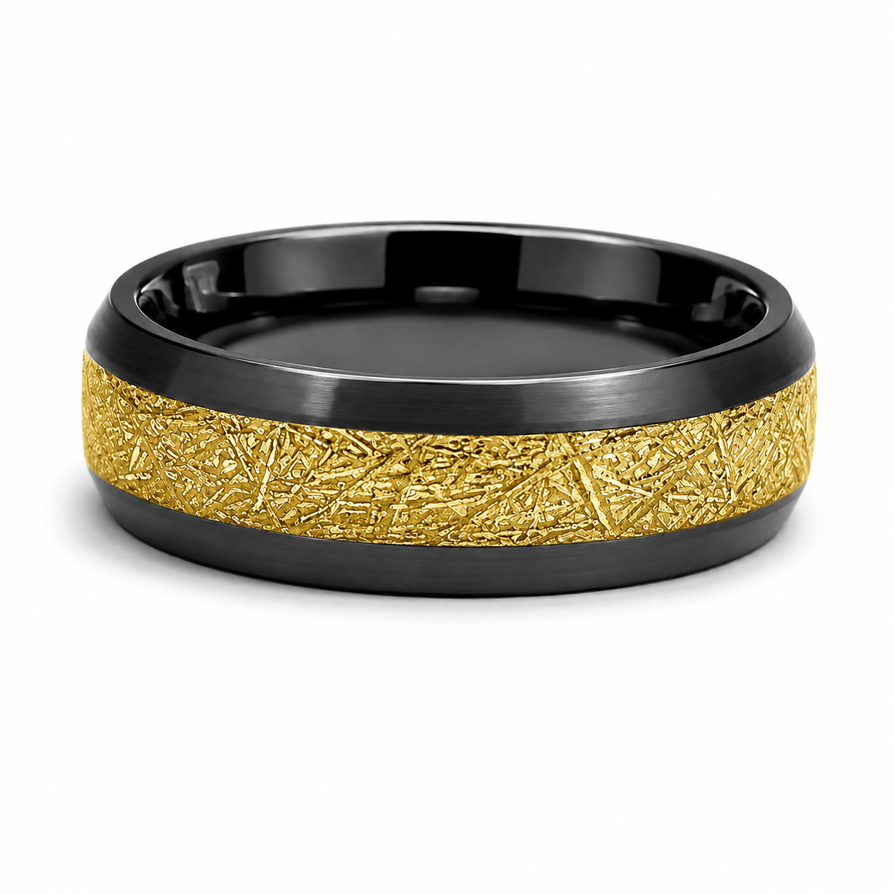 The Eclipse Matrix: Black Tungsten Band with Textured Gold Meteorite Inlay