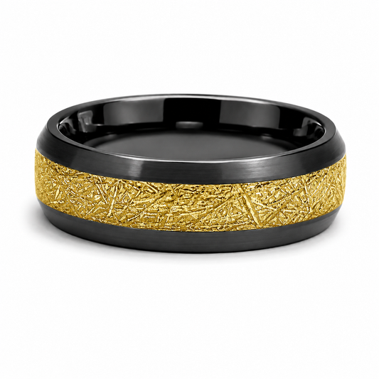 The Eclipse Matrix: Black Tungsten Band with Textured Gold Meteorite Inlay