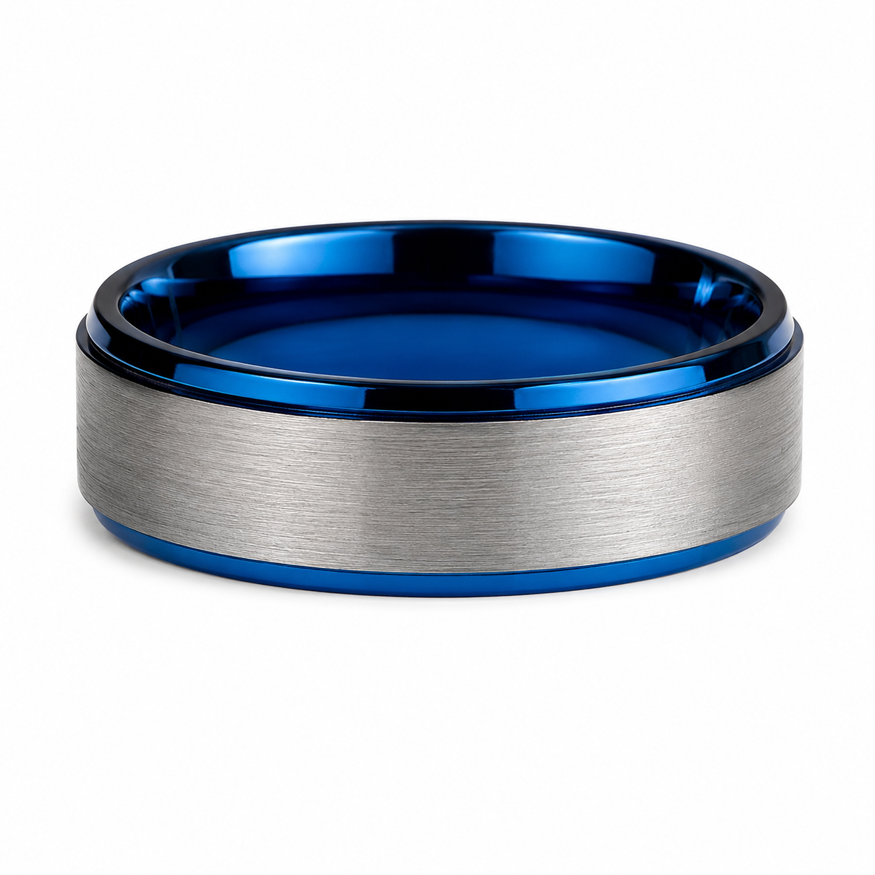 The Ocean Meridian: Silver Brushed Tungsten Band with Sapphire Blue Borders