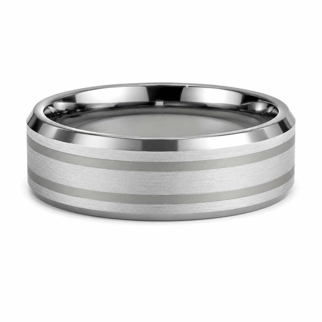 The Meridian: Silver Triple-Brushed Tungsten Band with Dual Polished Grooves