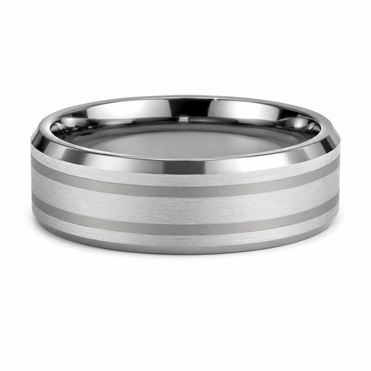 The Meridian: Silver Triple-Brushed Tungsten Band with Dual Polished Grooves