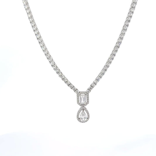 Sterling Silver Elegant Pear Shape, Round & Emerald Cut Cubic Zirconia Necklace