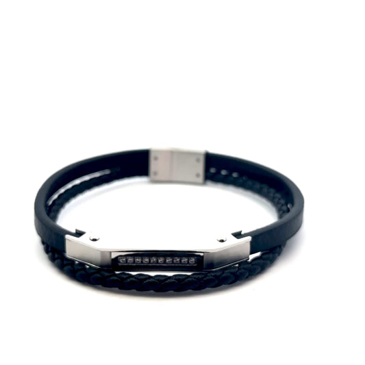 Leather with Cubic Zirconia & Stainless Steel bracelet