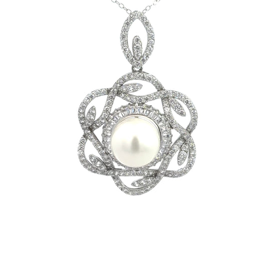 Sterling Silver Elegant Floral Design Pearl Necklace
