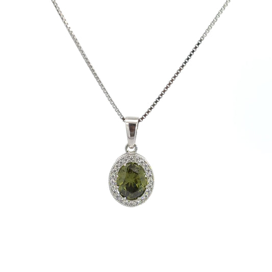 Sterling Silver Necklace With Oval Cut Peridot And Round Cubic Zirconia