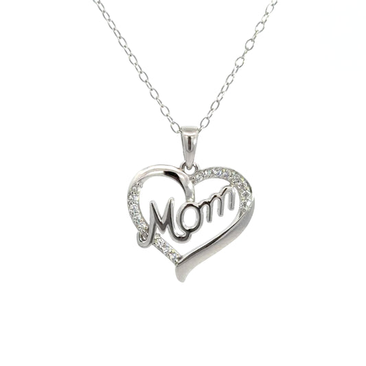 Sterling Silver Cubic Zirconia Open Heart "Mom" Necklace