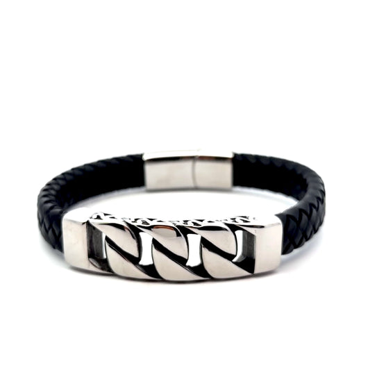 Black Leather Bracelet with Steel Design Bar and Magnetic Strap