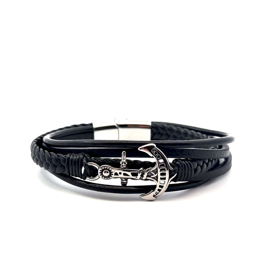Stainless Steel Leather Bracelet with Anchor