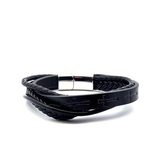 Stainless Steel with Leather Cross Men’s Bracelet