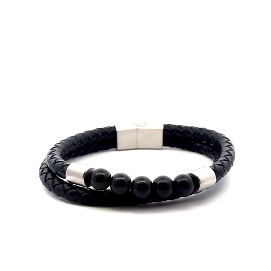 Black Multi String Braided Leather & Stainless Steel Bracelet with Onyx Beads