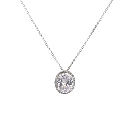 Sterling Silver Oval Cut Halo Pendant Necklace