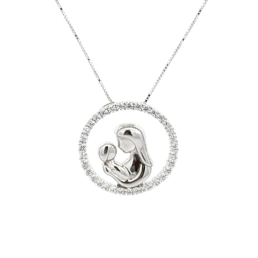 Sterling Silver Mother and Child Cubic Zirconia Pendant Necklace