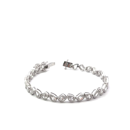 Sterling Silver Filigree Bracelet With Pear Shape & Emerald Cut Cubic Zirconia Stones