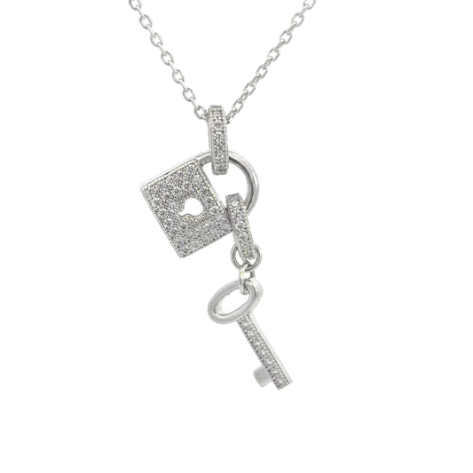 Sterling Silver Lock & Key Pave Setting Cubic Zirconia Necklace