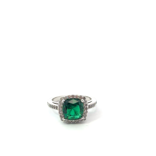 Sterling Silver Cushion Cut Emerald Ring