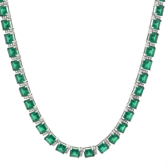 Sterling Silver Tennis Necklace, With Emerald Cushion Cut Cubic Zirconia Stones