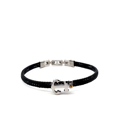 Stainless Steel Black Cable Bracelet with Anchor Accent