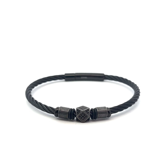 Stainless Steel Black Cable Bracelet with Cubic Zirconia Bead
