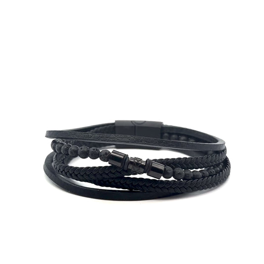 Multi String Leather and Stainless Steel Bracelet with Lava Beads and Barrel Accent