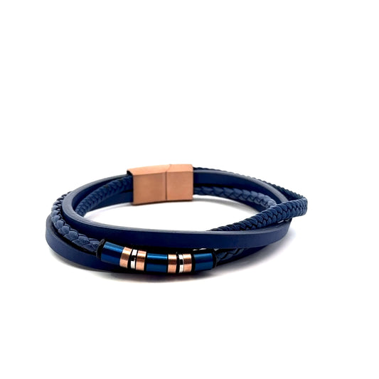 Blue Multi String Leather with Rose Gold Stainless Steel Bracelet