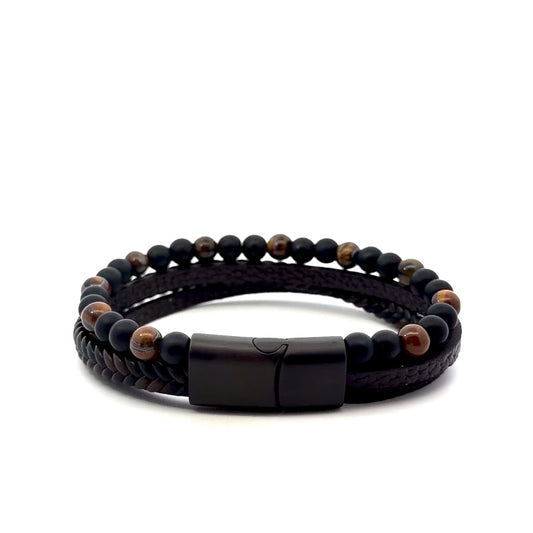 Leather with Tiger Eye Beads Muti String Men’s Bracelet